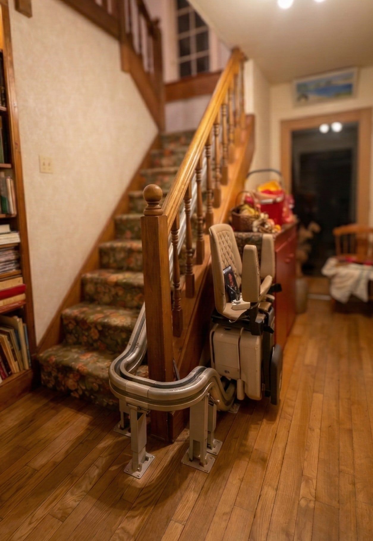 Curved stairlift on a wooden staircase in Kennett Square, PA
