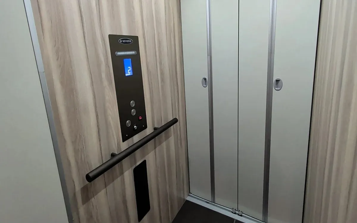 Savaria Eclipse home elevator in a melamine sand finish