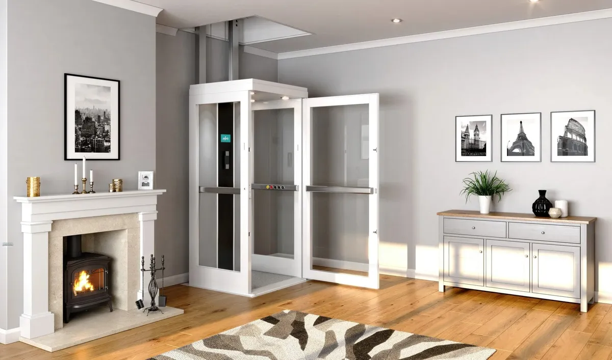Pollock shaftless home elevator between two floors of a home