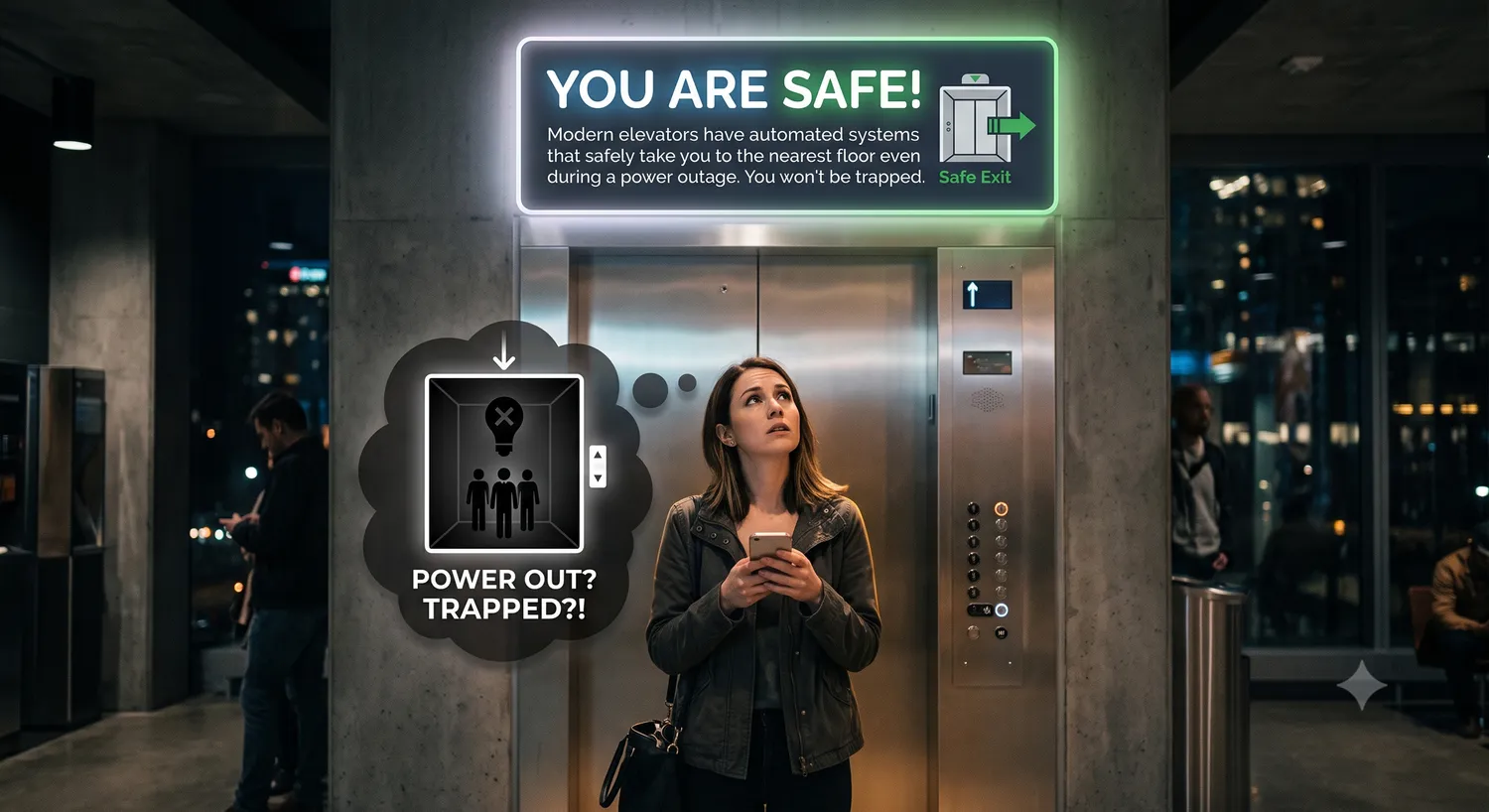 Woman wondering if she'll get stuck in an elevator if the power goes out with a sign reminding her that no, she will not get stuck. There are safety mechanisms in place to prevent entrapment.